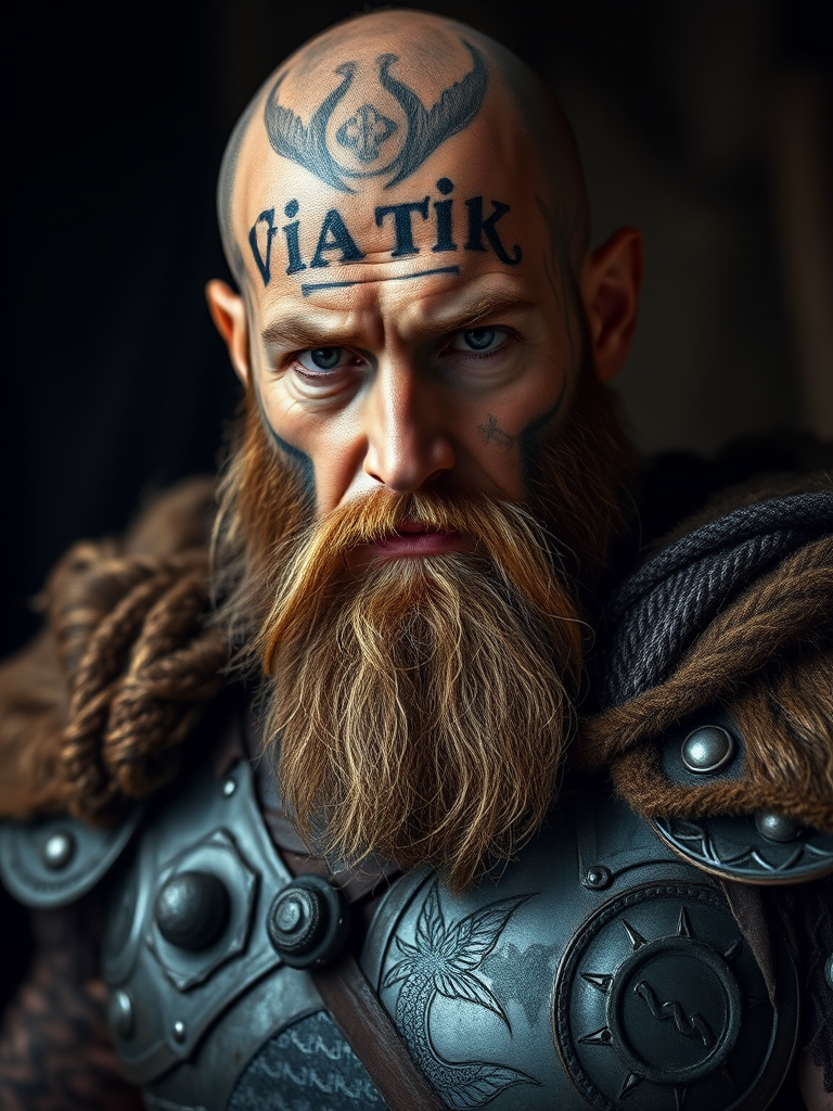 Create a highly detailed portrait of a Viking warrior with intricate tattoos and battle armor, set against a dark, moody background, using a 50mm lens at f/1.8, ISO 100, and a shallow depth of field to enhance the subject's features, with soft, dramatic lighting to highlight the textures of the armor and beard, captured with a DSLR camera.