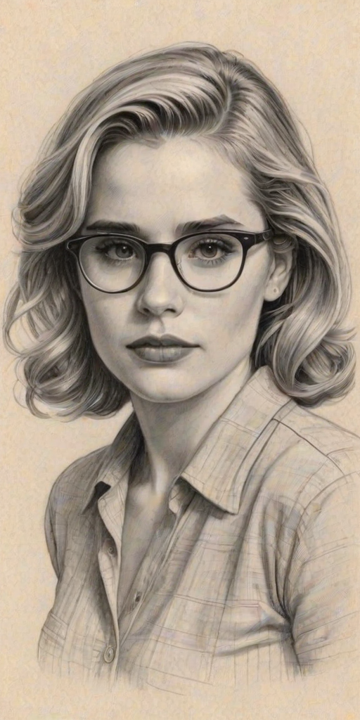 Comely Alison Lohman, pencil sketch, portrait of Magnificent woman 1941s in glasses, hair style beatnik, outline, clear lines, fine lines, 8k