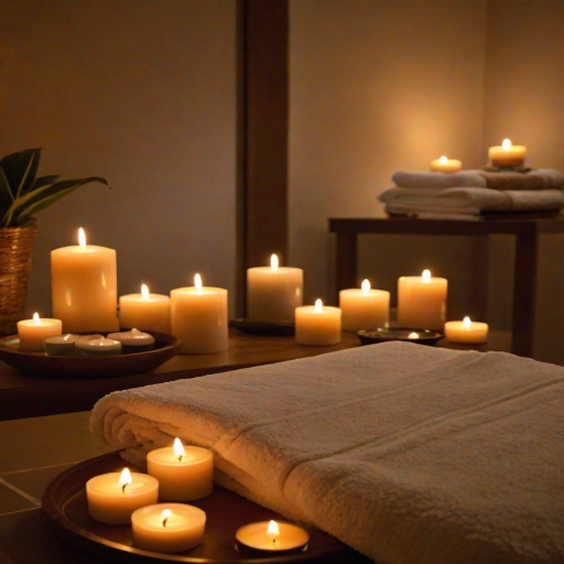 Warmly lit photo of a luxurious spa setting, with candles flickering, soft towels neatly arranged, and a soothing massage table waiting in the softly lit room.