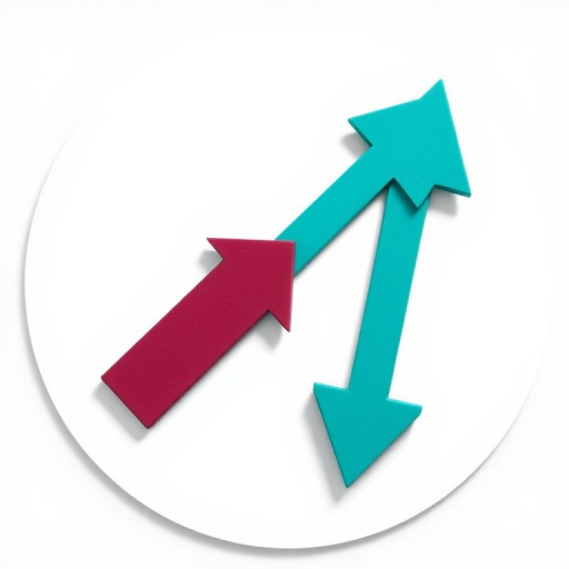 Create an illustration featuring two arrows in contrasting colors, one turquoise pointing up and one maroon pointing down, set against a circular white background with a subtle shadow effect, captured using a 50mm lens at f/8 aperture, ISO 100, with a soft focus and vibrant color enhancement, taken with a DSLR camera from a top-down perspective.