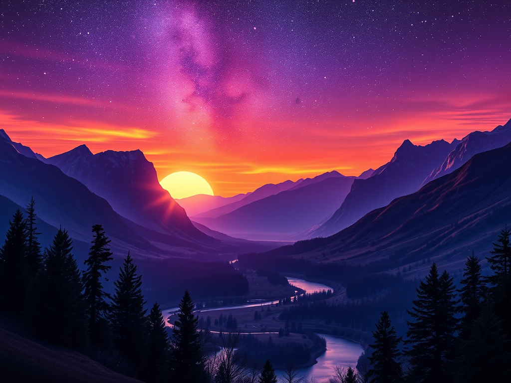 Create a vibrant digital landscape illustration featuring purple mountains under a starry sky at sunset, with a winding river and silhouettes of pine trees in the foreground, using a Canon EOS 5D Mark IV, f/8, ISO 100, 24mm lens, HDR imaging style for enhanced color and detail.