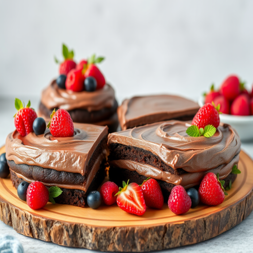 Chocolate layer cakes with rich frosting arranged on a wooden platter garnished with fresh berries and green foliage