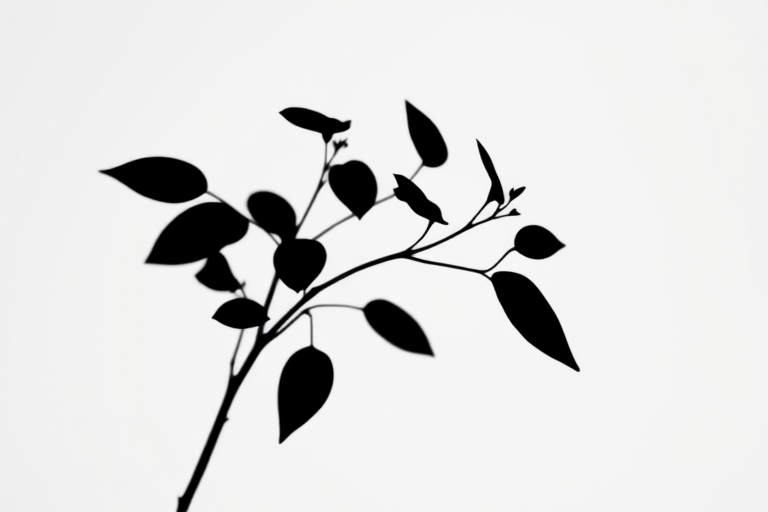 Generate a high-quality image of a minimalist black plant silhouette on a plain white background, using a 50mm lens, f/1.8 aperture, ISO 100, shot from eye level in a natural light setting with a shallow depth of field for enhanced focus.