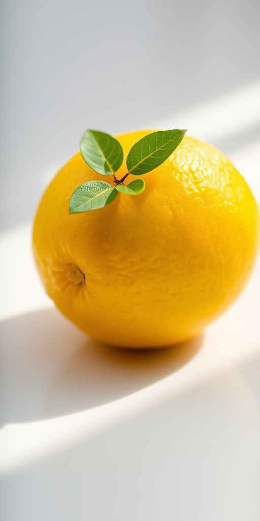 Create a high-quality image of a single lemon with two small green leaves, soft natural lighting, 50mm lens, f/2.8 aperture, ISO 100, shallow depth of field, minimalistic background.