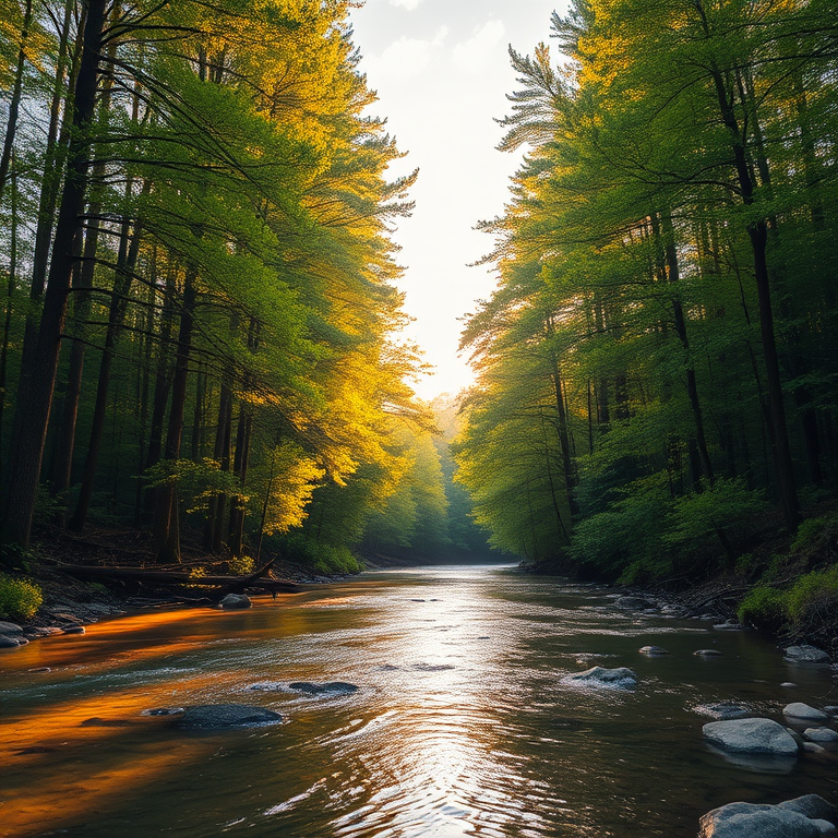 Create an image of a serene, sunlit forest scene with a clear, gently flowing river. Tall trees with lush green foliage line both sides of the river, their leaves bathed in the warm golden light of the setting or rising sun. The sunlight filters through the trees, casting soft, dappled light on the river, which flows over smooth rocks and pebbles, creating a peaceful, natural atmosphere. The sky is bright with a few scattered clouds, and the overall mood is tranquil, evoking a deep sense of connection with nature. The image captures the beauty of a calm, pristine forest landscape at either dawn or dusk.