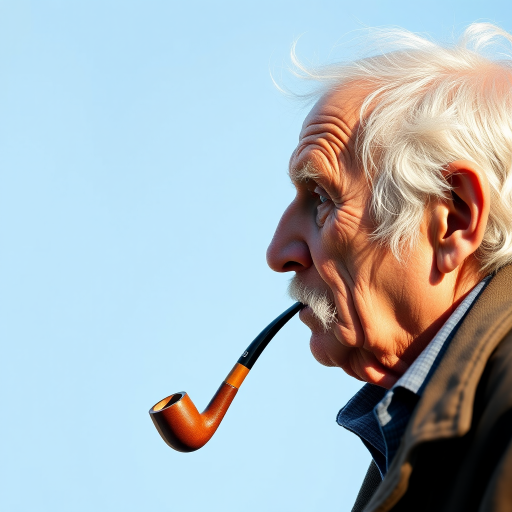 Create a high-resolution 3D vector art image of a side profile of an elderly man with a pipe, using a Canon EOS R5 camera with a 50mm f/1.2 lens, set to f/1.2, ISO 100, and a shutter speed of 1/100s, in natural daylight for enhanced color and detail.
