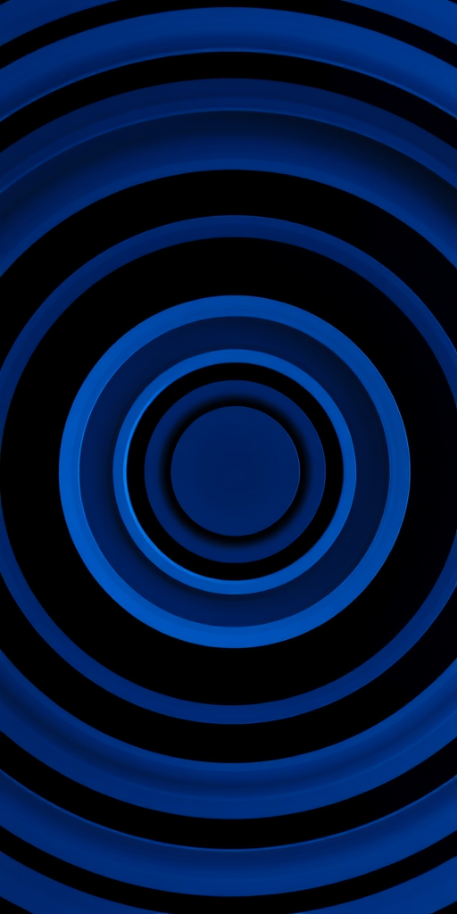 Create an abstract image of blue concentric circles on a black background, using a DSLR camera with a wide-angle lens at f/8 aperture, ISO 200, and a shutter speed of 1/125 second, applying a high dynamic range style for enhanced color and detail.