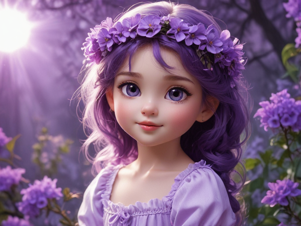 Enchanting Portrait of a Young Girl Surrounded by Purple Flowers and Light