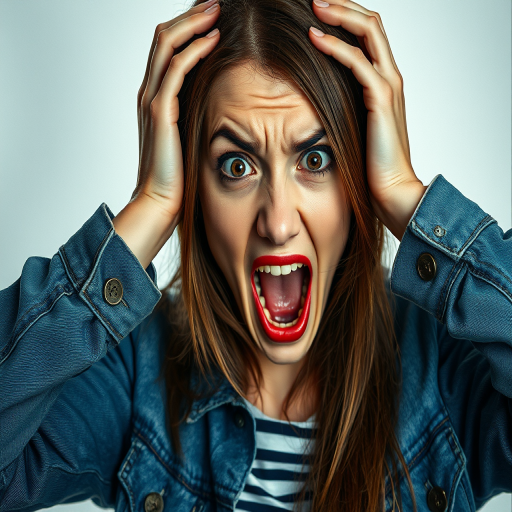 detailed edges, detailed image, perfection style, A cinematic detailed image of a screaming angry woman with a surprised look on her face holding her head with bother her hands, movie themed, sharp, detailed background, epic cinematic photography, artistic style, dramatic light style, cinematic color style, Kodak 35mm film style, detailed style, hand focus style, 1girl, solo, long hair, looking at viewer, open mouth, simple background, brown hair, shirt, white background, brown eyes, jacket, upper body, teeth, striped, denim, blue jacket, striped shirt, realistic, horror (theme), screaming, hands on own head, denim jacket, lips, wide-eyed, striped clothes, traditional media
