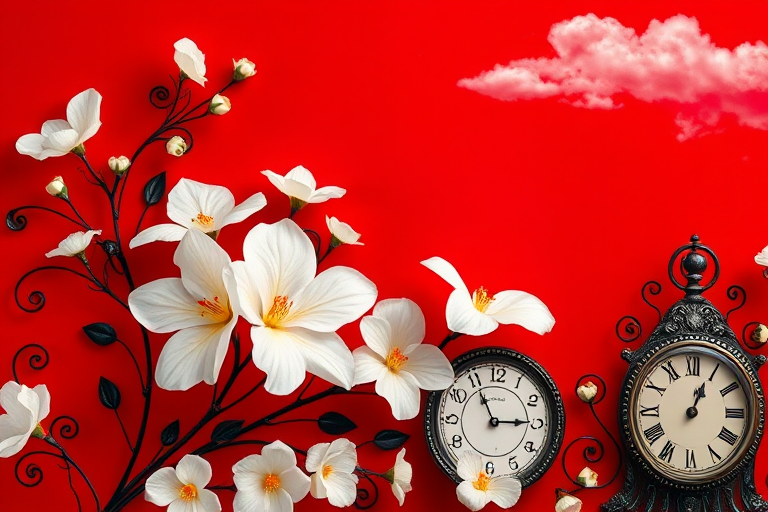 create a vibrant red background with elegant white flowers and intricate black and silver decorative elements, include a vintage clock and soft clouds, use a DSLR camera with a 50mm lens, aperture f/2.8, ISO 100, shot from a slightly elevated angle to enhance depth and focus on details