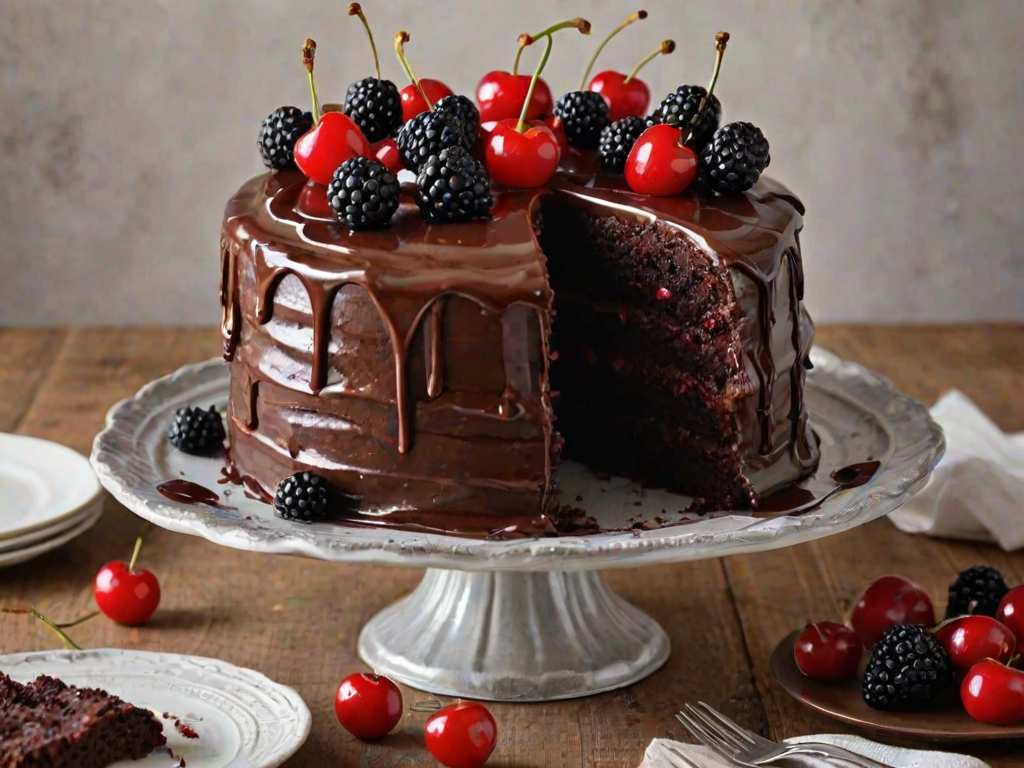 Create an image of a decadent chocolate cake layered with dark chocolate frosting, topped with fresh cherries and blackberries. The cake should have a rich, glossy appearance with some frosting drizzled over the top. Display it on a rustic wooden table, with a slice cut out to show the layers inside. Include a few berries scattered around the plate for added detail.