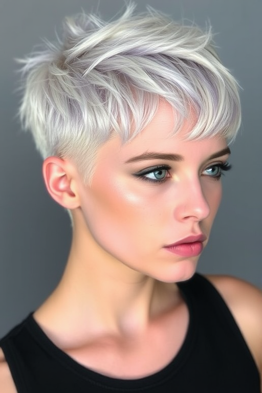 Striking platinum pixie cut with shaved sides and a textured top, accented by subtle lavender highlights throughout, exuding confidence and edginess in the "Moonlit Rebel" look
