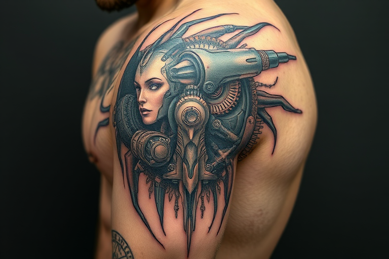 Biomechanical tattoo named "Cybernetic Fusion" blending organic forms with mechanical elements to create the illusion of exposed robotic parts beneath the skin, admired for its intricate detailing and futuristic aesthetic