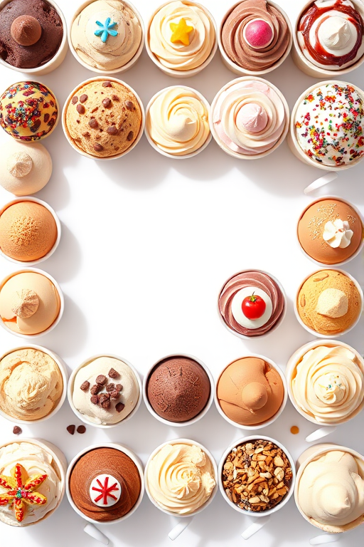 Create a vibrant illustration of assorted ice cream cups arranged in two rows, showcasing a variety of flavors and toppings, captured with a DSLR camera at f/4, ISO 200, 50mm lens, natural light, top-down view for clarity and detail.