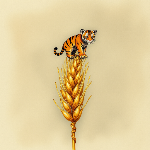 Soft, muted Alcohol Ink with ebru effect background image of tiny whimsical tiger, who climbed high on the top of a golden rye ear.