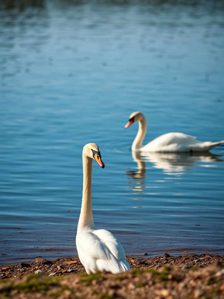 a serene lake scene featuring two elegant swans, one standing gracefully on the shore and the other swimming in the background, shot with a Canon EOS R5 at f/2.8, ISO 100, 1/200s, using a 24-70mm lens from a low angle to capture both swans in sharp focus with a blurred background for depth.