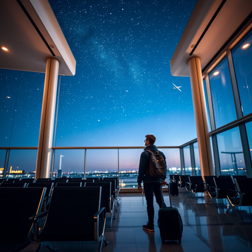 a traveler standing in an airport terminal at night, looking up at a plane flying through a starry sky, with modern seating and a large window view, shot with a Canon EOS R5, 35mm lens, f/2.8, ISO 400, soft focus for a dreamy effect, vibrant colors