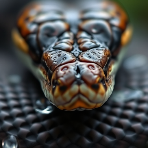 close-up of a snake with detailed scales and raindrops on its skin, shallow depth of field, soft background blur, 50mm f/1.8 lens, ISO 200, 1/200 sec, natural light, macro photography