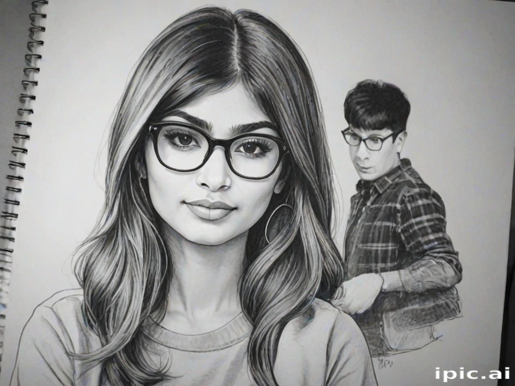 hot mia khalifa, pencil sketch, portrait of beautiful woman 60s in glasses, hair style beatnik, outline, clear lines, fine lines, 8k