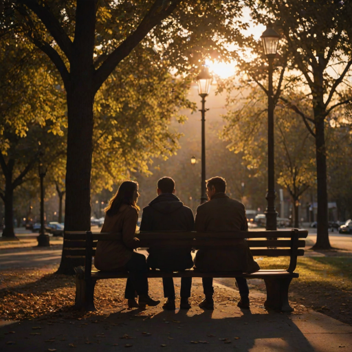 Low-light, intimate photo of a couple sitting together on a park bench at sunset, softly lit by a nearby streetlamp, leaves gently falling around them, their hands intertwined, shadows from the trees surrounding them, a distant city skyline barely visible on the horizon.