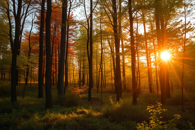 Create a high-resolution image of a serene forest landscape during golden hour, using a Canon EOS R5 camera with a 50mm lens, aperture f/1.8 for shallow depth of field, ISO 100, shutter speed 1/200s, and set to a wide-angle view to capture the vibrant colors and details of the foliage.