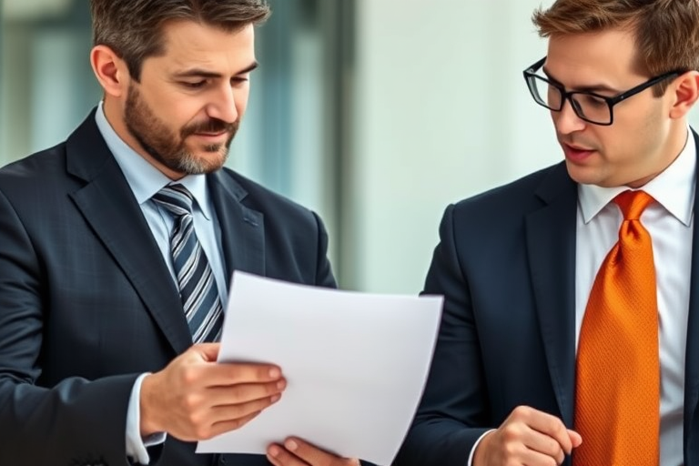 Two business professionals discussing a document, both wearing suits, one with a tie and the other with an orange tie, soft focus background, shot on a professional DSLR camera with 50mm lens, f/1.8 aperture, ISO 200, natural lighting, portrait orientation.