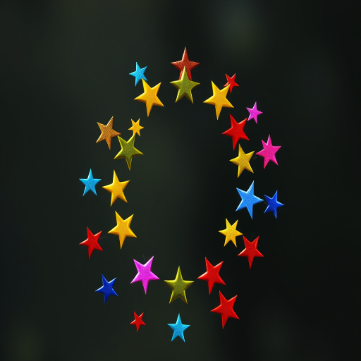 Create a vibrant digital illustration of colorful stars arranged in a circular pattern on a transparent background, using a Canon EOS R5 camera with a 50mm lens at f/1.8, ISO 100, 1/200 sec, in soft natural lighting for enhanced color depth and clarity.