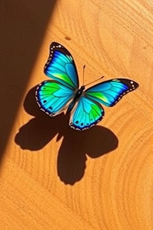 Generate an image of a colorful butterfly casting a shadow on a wooden surface. The butterfly should have vibrant blue and green hues, and the wooden surface should show detailed grain patterns in sunlight.