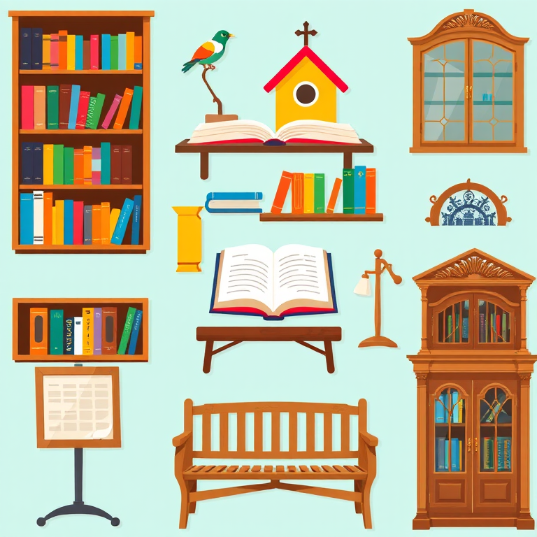Create a high-resolution illustration of various bookshelves and library elements in a flat design style, featuring a wooden bookshelf, a colorful birdhouse, an open book, a wooden bench, a display stand for books, and an ornate cabinet; use vibrant colors and clear lines; camera settings: ISO 100, aperture f/8, shutter speed 1/200; camera view: overhead; camera style: digital illustration; camera type: DSLR.
