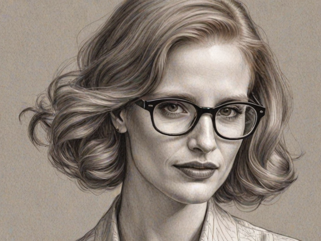 Sublime Jessica Chastain, pencil sketch, portrait of Pleasing woman 1929s in glasses, hair style beatnik, outline, clear lines, fine lines, 8k