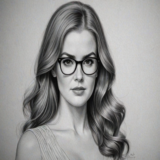 Fascinating Isla Fisher, pencil sketch, portrait of Stunning woman 1936s in glasses, hair style beatnik, outline, clear lines, fine lines, 8k