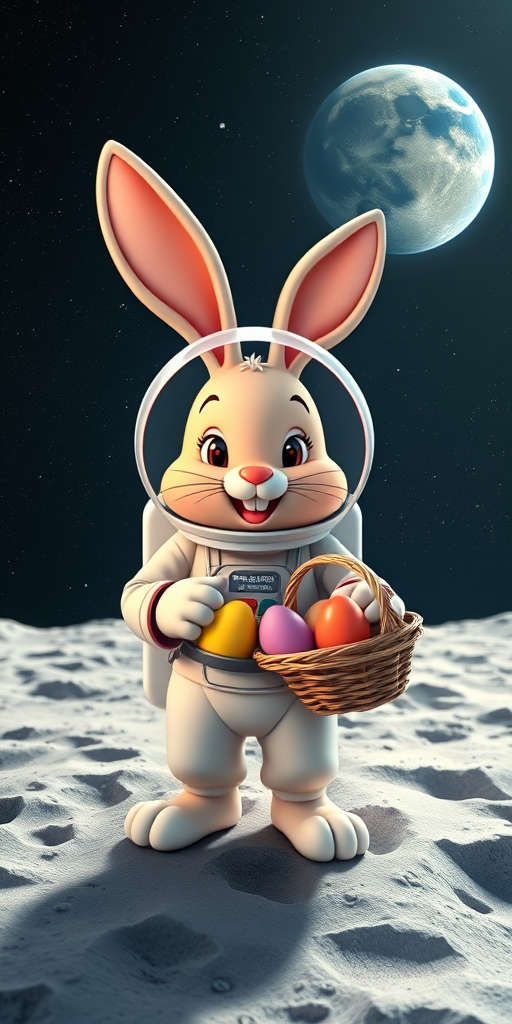 create an image of a cartoon bunny in a space suit standing on the moon holding a basket of colorful eggs with Earth in the background, use a DSLR camera with a 50mm lens, aperture f/1.8, ISO 100, focus on the bunny, vibrant colors and sharp details, wide-angle view