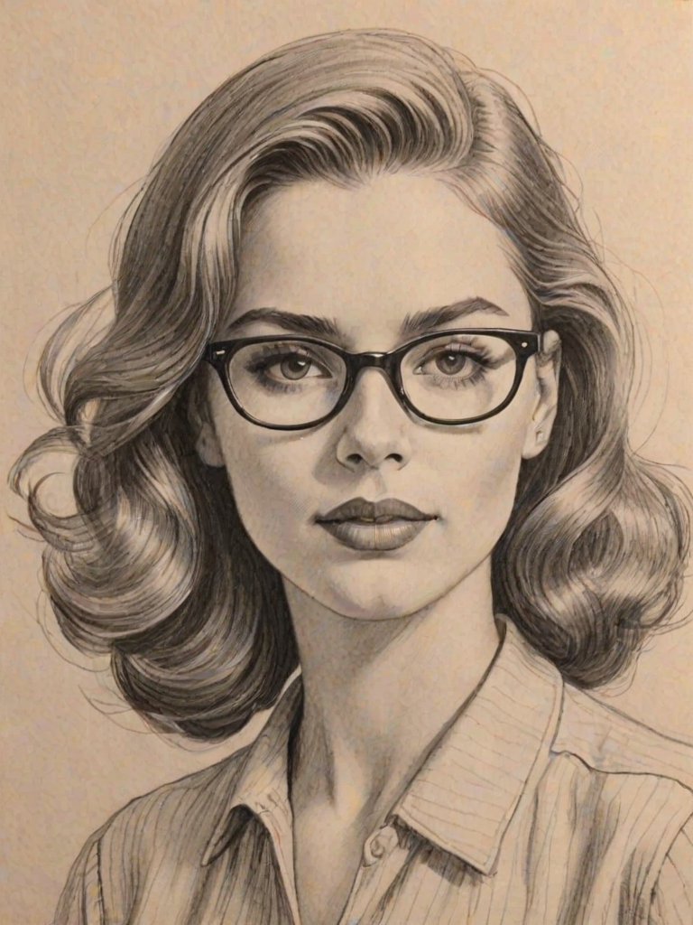 Gorgeous Madison Bailey, pencil sketch, portrait of Fetching woman 1945s in glasses, hair style beatnik, outline, clear lines, fine lines, 8k