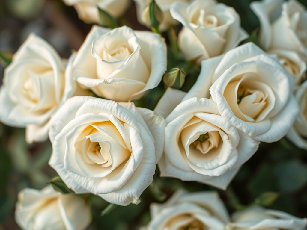 create a high-resolution image of white roses in soft focus, using an aperture of f/2.8, ISO 100, 50mm lens, top-down view, with natural soft lighting and a macro photography style