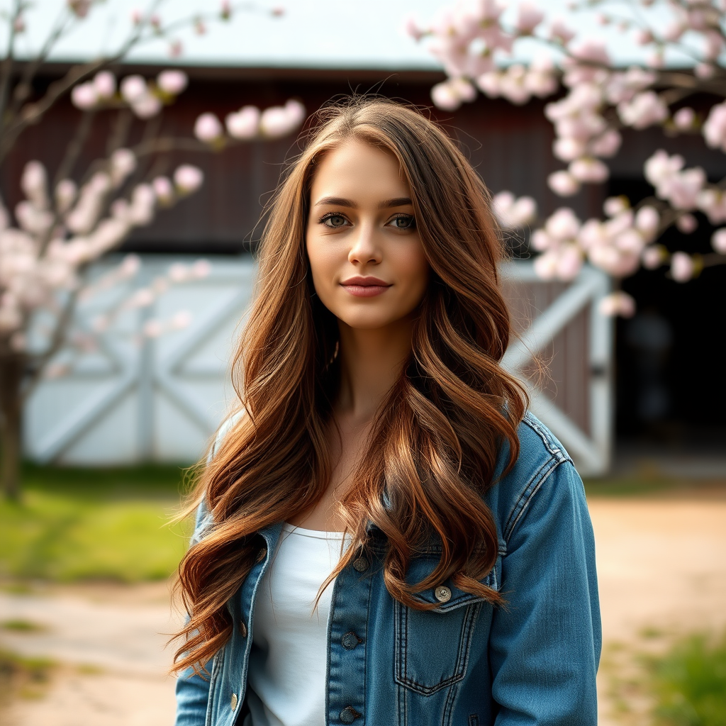 Portrait of a woman with long, wavy hair wearing a denim jacket, standing outdoors in front of a barn and cherry blossom trees, shot with a Canon EOS R5, 50mm lens, aperture f/1.8, ISO 100, in natural light, soft-focus background for depth.