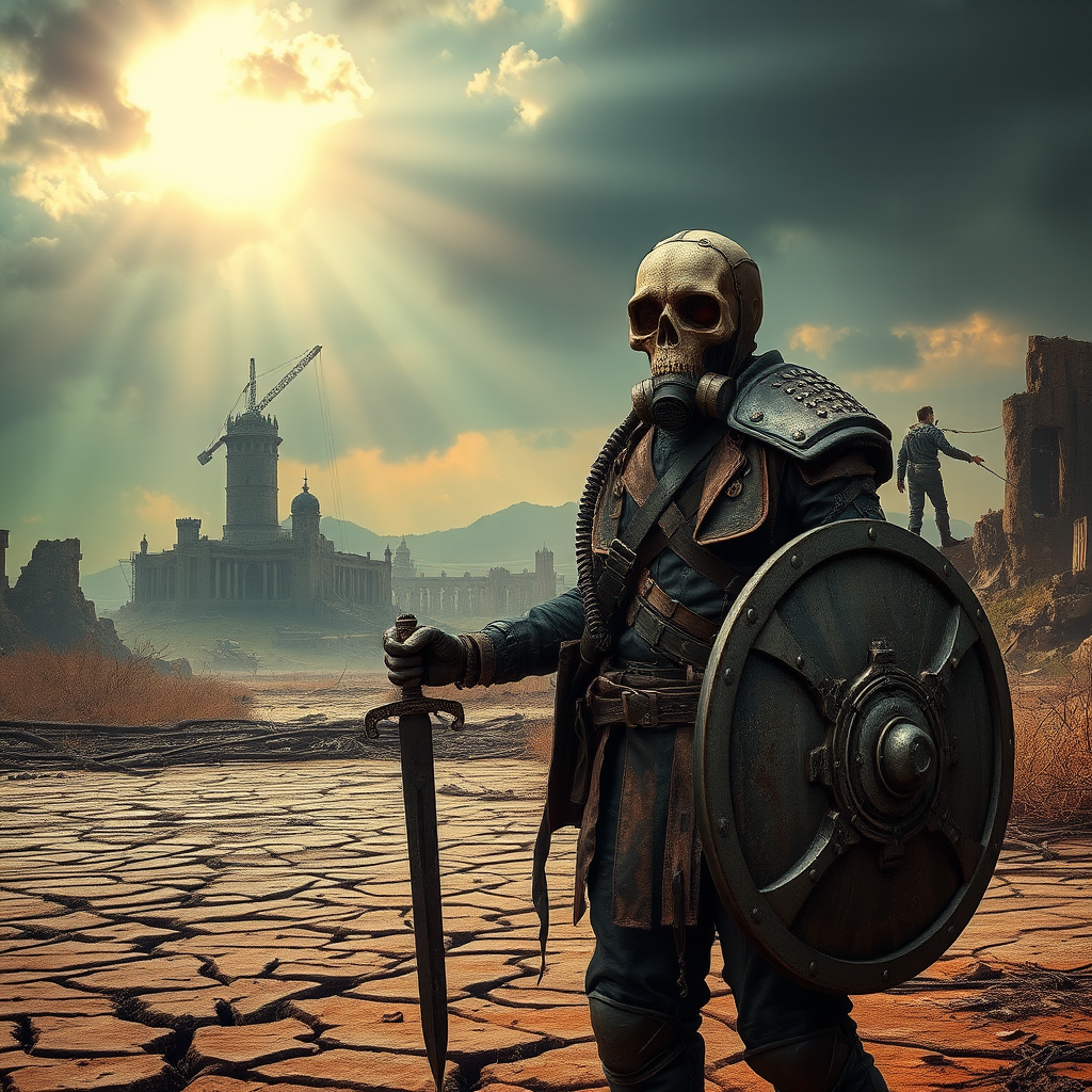 A post-apocalyptic wasteland with a lone figure, The Last Warden, standing in the foreground. He wears a skull-like gas mask, with cracked lenses, and a rugged mix of leather and scavenged armor. His attire is weathered and patched, showing signs of long battles and harsh environments. In one hand, he holds a sword made from broken steel, and in the other, a shield made from scrap metal. The background features a desolate landscape with crumbling ruins of a once-thriving city, shrouded in toxic green and orange haze. The ground is cracked, with dead vegetation and twisted remnants of civilization. The sky is ominous, with dark clouds and faint rays of sunlight breaking through, symbolizing a glimmer of hope in the midst of despair. Increase the brightness of the background, making the sunlight more prominent and casting more light on the ruins and the figure to enhance the sense of hope in the scene.