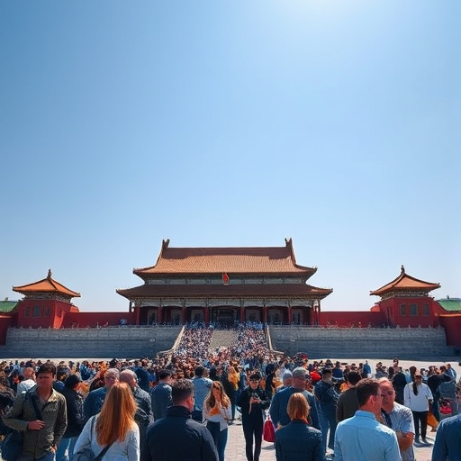 Capture a wide-angle view of the Forbidden City in Beijing under a bright blue sky, using a DSLR camera with a 24mm lens, aperture set to f/8 for sharpness, ISO 100 for clarity, and a shutter speed of 1/200s to freeze the bustling activity of tourists in the foreground.