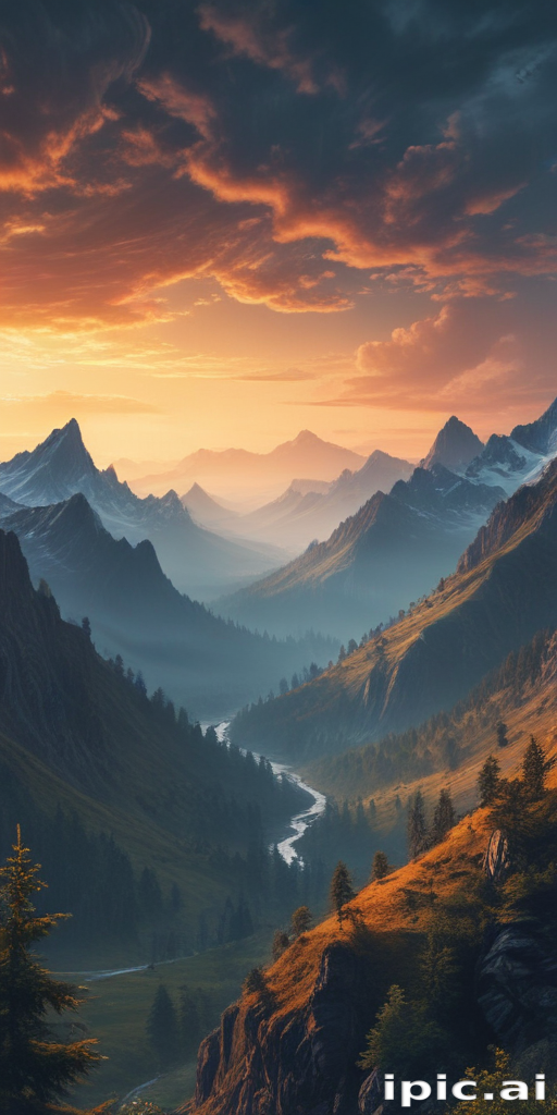 Majestic Mountain Landscape at Sunset with Serene River Flowing Below