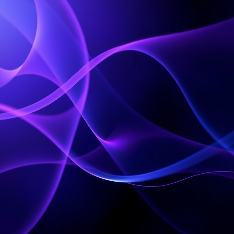 Generate an abstract image with flowing lines in shades of purple and blue, using a Canon EOS R5, 50mm lens, f/1.8 aperture, ISO 100, shot in landscape orientation with a soft focus effect to enhance image quality.