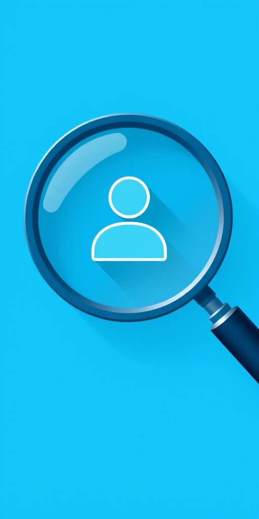 Create a minimalist vector illustration of a magnifying glass focusing on a user icon, bright blue colors, high resolution 300 dpi, 4K resolution, camera settings ISO 100, aperture f/8, lens 50mm, flat view, digital art style.