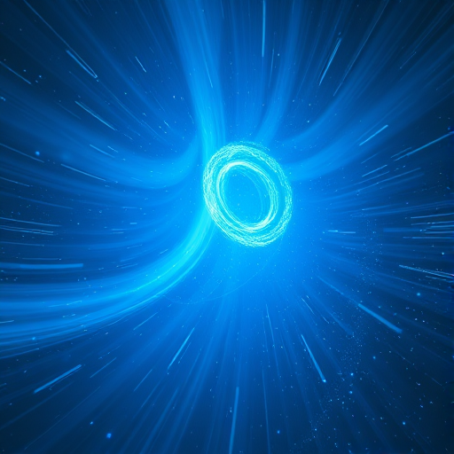 high-resolution digital rendition of a blue cosmic scene with swirling light trails, captured with a DSLR camera at 24mm, f/2.8, ISO 100, using a long exposure setting for enhanced glow and depth, shot from a slight tilt to emphasize the dynamic movement and vibrant colors.