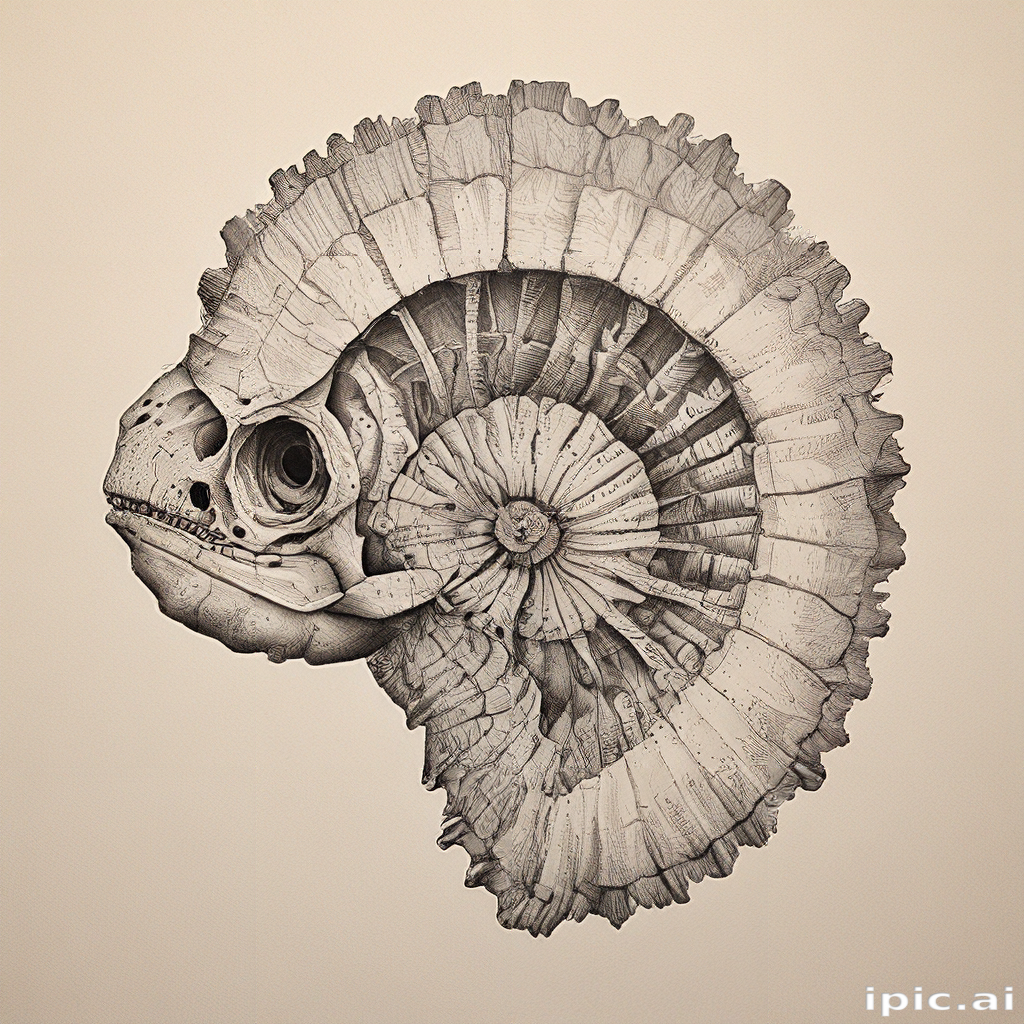 Intricate Illustration of a Fish with an Ammonite Shell Design