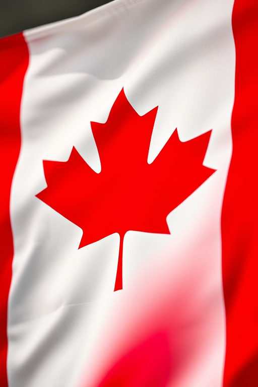 Create a high-resolution image of the Canadian flag, ensuring vibrant red and crisp white colors, using a DSLR camera with a 50mm lens, aperture set to f/8, ISO 100, and a shallow depth of field, focused on the maple leaf design, in a well-lit environment.