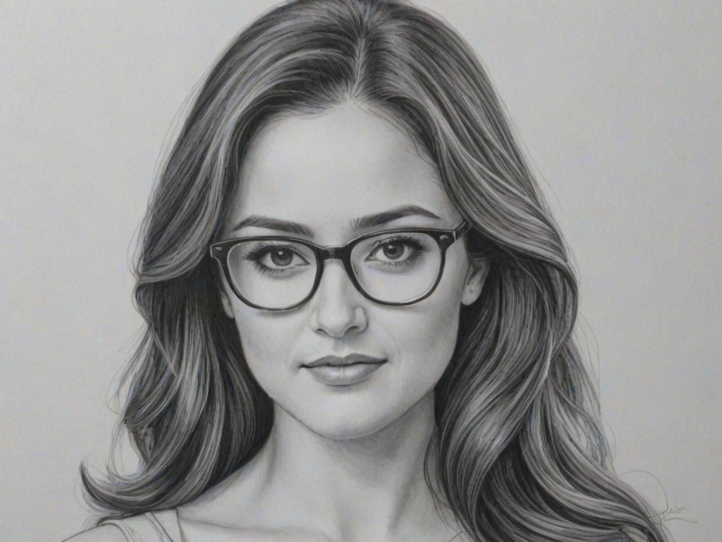 Captivating Danica McKellar, pencil sketch, portrait of Appealing woman 1954s in glasses, hair style beatnik, outline, clear lines, fine lines, 8k