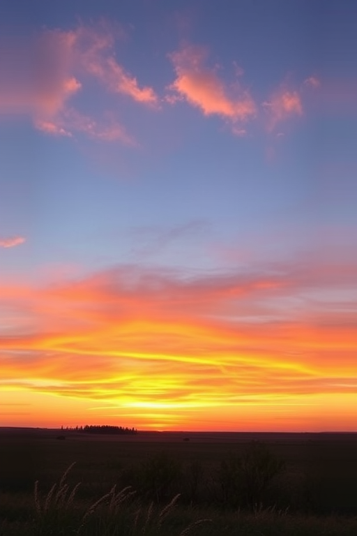 Generate a high-resolution image of a serene landscape at sunset with vibrant colors, captured using a DSLR camera with a 50mm lens, f/1.8 aperture, ISO 100, and a wide-angle view to enhance depth and detail.