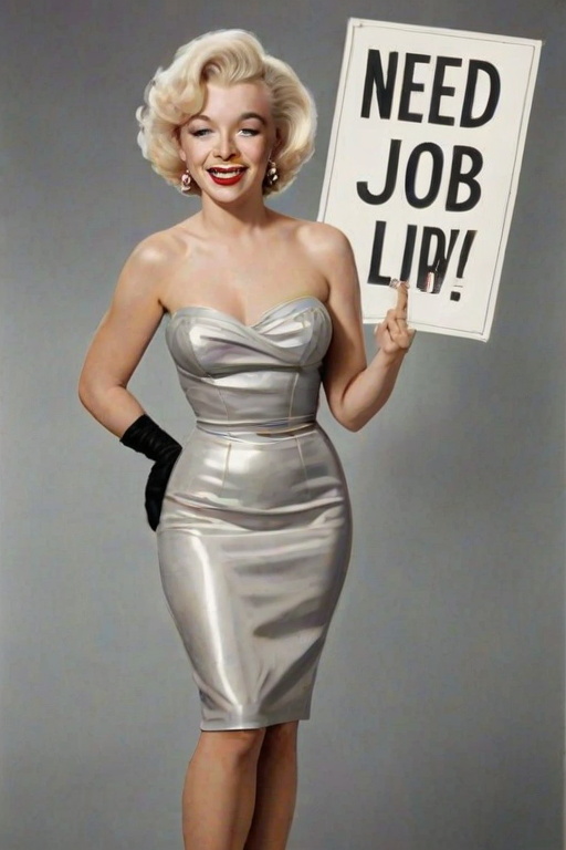 caricature of a smiling Marilyn Monroe in a Platinum dress or suit, holding up a sign that says "NEED A JOB", no watermark,