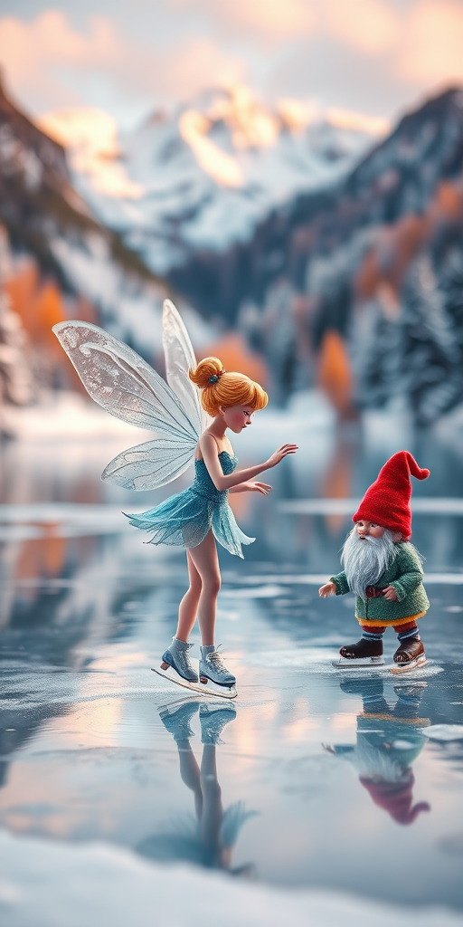 a magical winter scene featuring a fairy with shimmering wings and a gnome, both ice skating on a frozen lake surrounded by colorful trees and mountains, soft pastel colors, well-lit, high-resolution, shot with a 50mm lens at f/1.8, ISO 100, using a DSLR camera in a close-up view with vibrant details and a dreamy bokeh effect