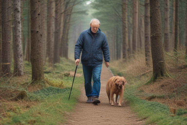 Old man and dog walking on forest path