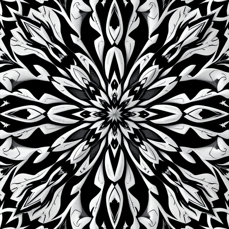 Create a high-resolution black and white floral pattern with intricate geometric shapes, focus on symmetry, captured using a DSLR camera at f/8, ISO 100, 50mm lens, shot from a top-down view in natural light.