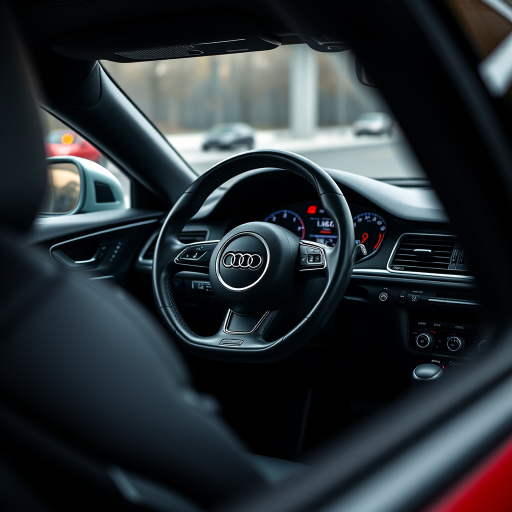 Regenerate an image of the interior of an Audi, focusing on the steering wheel and dashboard, using a DSLR camera with a 35mm lens, f/2.8 aperture, ISO 100, shot from a slight angle to capture depth, and achieve sharp details and vibrant colors.
